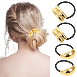 Metal Hair Ties, Metal Geometric Elastic Ties, Cuff Wrap Stainless Steel Statement Cuff Fashion Accessories for Women Girls Hair Accessories(Gold, 4PCS)