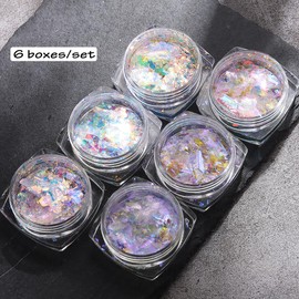Iridescent Chrome Nail Powder, 6 Boxes Crystal Fire Opal Flakes for Nail Art, Holographic Chunky Glitter Mermaid Sequins, Chameleon Flakes Set, Ice Aurora Glass Paper Manicure Paillettes Decoration