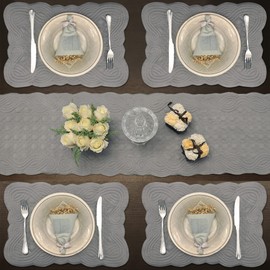 Loom and Mill Quilted Table Placemats Set of 6, Natural Fabric Farmhouse Style Dining Table Mats, Double Layer & Washable for Kitchen Dinner Party Holiday All Season Everyday Use(12"x18", Light Gray)