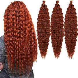30 inch Ocean Wave Crochet Hair Red brown Deep Wave Curly Braiding Hair Extensions 3 packs Long Wavy Water Wave Braid For Women Synthetic Crochet Braids(30 inch, Red brown)