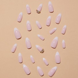 French Tip False Nails - 24pcs Nude Pink Stiletto Nail Tips in 12 Sizes - Stick on Nails with Diamond Design - Full Cover Medium Length Elegant Acrylic Nails for Women Girls