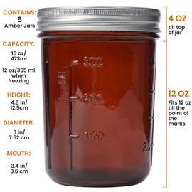 KORCCI Amber Glass Mason Jars 16oz - 6 Pcs Wide Mouth Mason Jars With Lids And Bands. Empty Candle Jar, Food Storage Containers, Canning Jar For Canning, Fermenting, Pickling, Jar Décor.