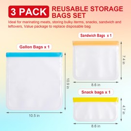 Reusable Food Storage Silicone Bags, Reusable Snack Bags，Leakproof Freezer, BPA Free, 1 Gallon 1 Snack 1 Sandwich Bags, for Home Kitchen, Marinate Food Travel，Fridge Organization (3)