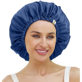 ATNKE Women's Silk Sleeping Bonnet Soft Double Layer Satin Lined Silk Hair Wrap Adjustable Night Sleep Cap for Long Jumbo Curly Braids Natural Hair/Dark Blue