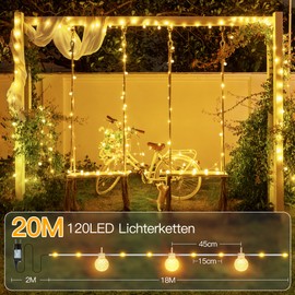 Ollny Outdoor Fairy Lights, 20 m, IP67 Waterproof Fairy Lights, Power with Remote Control, 8 Modes, Timer, Dimmable, Warm White Fairy Lights, Outdoor for Garden, Patio, Balcony, Wedding, Party