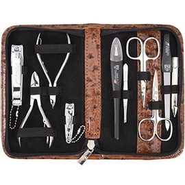 3 Swords Germany - Juego de 10 piezas de manicura y pedicura de calidad profesional para el cuidado de uñas de dedos y dedos, en caja de regalo, fabricado por 3 espadas (xxxxx), marrón (Ostrich Brown)