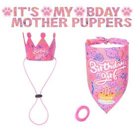 Dog Birthday Boy Bandana - Pet 1st Birthday Party Supplies - Hat Scarf Bowtie Banner Set for Small Medium Dogs (Pink)