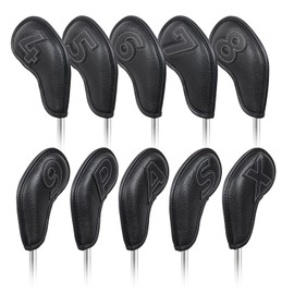 Golf Iron Covers Magnetic Wedge Covers Club Head Covers Set 10 Pieces (4-9,P,A,S,X) Black Synthetic Leather Double Sided Patch Number Left and Right