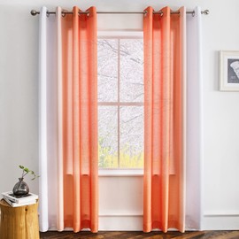 Melodieux Linen Ombre Semi Sheer Curtains 96 Inches Long for Living Room, Orange White Horizontal Gradient Grommet Voile Drapes, 52 x 96 Inch, 2 Panels