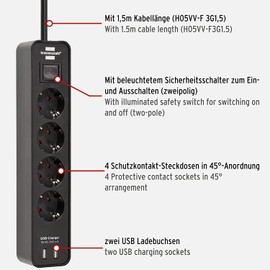Brennenstuhl Ecolor Steckdosenleiste 4-Fach mit USB-Ladebuchse (Mehrfachsteckdose mit 2X USB Charger, Schalter und 1,5m Kabel) schwarz