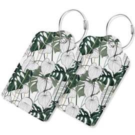 Rimilak 2 Pack PU Leather Luggage Tags for Suitcase, Travel Cruise Luggage Tag with Privacy Flap, Name ID Label and Metal Loop for Women Men Handbag School Bag Backpack, Tropical Plants