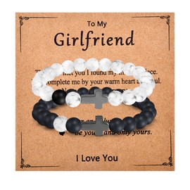 To My Girlfriend Gifts - Couple Bracelets Gifts with Sweet Message Card, Cross Charm Long Distance Touch Bracelets, Natural Bead Bracelets for Girlfriend Wife Anniversary Valentines Day Gifts