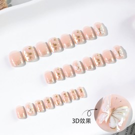 Gold Press on Nails French Tip Fake Nails Butterfly False Nail with Gold Foil Design Glossy Full Cover Glue on Nails Artificial Acrylic Short Square Stick on Nail for Women Girls Manicure 24Pcs