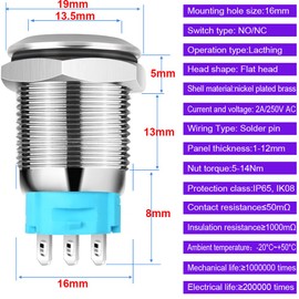 Gebildet 16 mm Flat Head SPDT On/Off Locking Push Button Waterproof, Stainless Steel Metal Push Button, Solder Pin Connections DC 6V/12V/36V/48V, AC 110V/230V, 2A, 1NO + 1NC