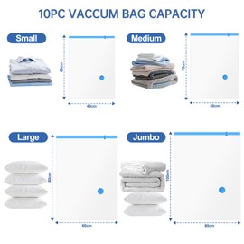 10 Premium Vacuum Bags Set with Electric Pump 18s, High-Strength PA + PE, Vacuum & Mould Blocker, Space Saving for Travel, Moving, Camping - Ideal for Wedding Dresses & Textile Protection, 3XL+3L+2M+