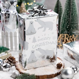 Flyhill Christmas Wrapping Paper-17 inches x 33 ft(46.8sqft)-Silver Metallic Foil Shine Gift Wrap with Polar Bear Design for Xmas,Arts Crafts,Bridal Shower,Birthday