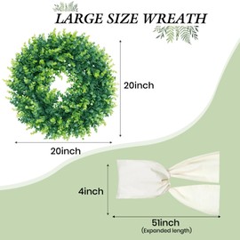 20'' Boxwood Wreath for Front Door with Ivory Sash Foldable Farmhouse Door Wreath for Year-Rind Indoor/Outdoor, Weddings & St Patricks Day