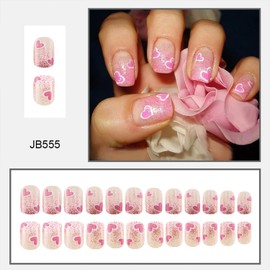 Valentines Press on Nails Short Square Fake Nails With Pink Love Heart Designs Glitter False Nails Stick on Nails Acrylic Romantic Artificial Nails for Women Glue on Nails 24 Pcs