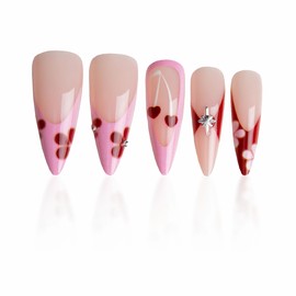 BABALAL Cherry Press On Fake Nails Acrylic Nails Long Stiletto Shape Pink Red 24pcs Glossy Reusable False Nails with Glue