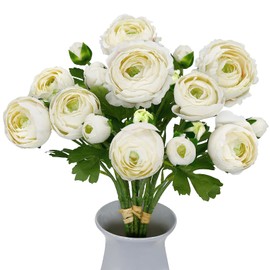 VIKINGS PANDA Ranunculus Artificial Flowers Bulk 17.3", 9 Pcs 27 Heads Faux Silk Ranunculus Flower Bouquets with Long Stems for Home Decor Indoor, Wedding Centerpiece. (White)