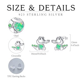 925 Sterling Silver Opal Alligator Stud Earrings, Cute Crocodile Design with Green Heart, Hypoallergenic, Sterling Silver, Sterling Silver, Opal