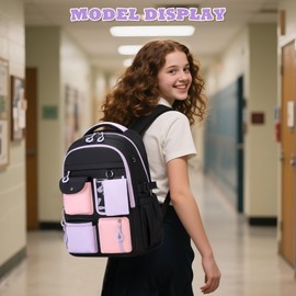 QIXIHU Backpack for Girls, Bookbag for Middle School & Elementary School, Multiple Pockets Cute Girls Backpacks Ages 6-12(Black)