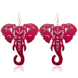 KaFu Lightweight Large Natural Wooden Dangle Earrings Ethnic Style African Elephant Drop Earrings for Women Bohemian Style Jewelry Earrings (Wine red)