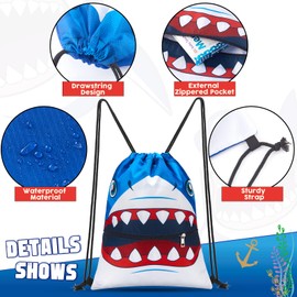 WAWSAM Shark Drawstring Backpack - Drawstring Bags for Boys Kids Swim PE Bag for Beach Swim Swimming Pool School Draw String Bags with Zippered Pocket Waterproof Sports Gym Bag