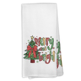 VRW Merry and Bright Christmas Kitchen Dish Towels, Christmas Tree Decor Towels Kitchen, Gifts for Holiday, Bow Snowflakes Farmhouse Hand Towels Tea Towel for Bathroom Kitchen Decor, 16x24 Inches