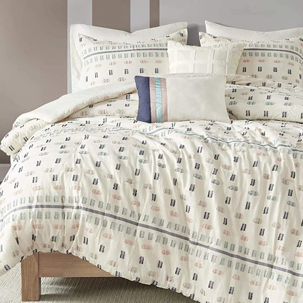 Urban Habitat Auden Cotton Comforter Set-Modern Contemporary Textured Design All Season Bedding Set, Matching Shams, Decorative Pillows,King/Cal King, Clipped Stripes Aqua 5 Piece