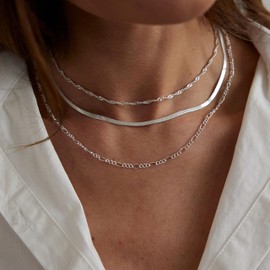 Kyerlyn Silver Necklace for Women,Layered Snake Chain Necklace Figaro Herringbone Necklace Dainty Sliver Choker Necklaces for Women Jewelry.