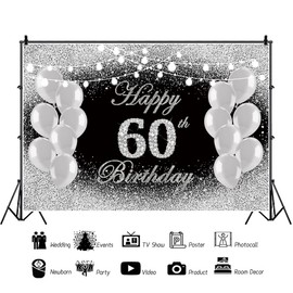 10x8ft Vinyl Happy 60th Birthday Backdrop Silver and Black Glitter Diamonds Balloons Photography Background Sixty Years Old Birthday Decor Banner Women Men Adult Birthday Party Supplies Backdrop