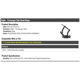 Right Passenger Side Hood Hinge Assembly - Compatible with 1963-1964 Chevy Impala