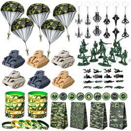 Golray Army Party Favors Camo Wristband Big Parachute Tanks Aircraft Keychain Army Men Soldier Figures Toys for Kids Boys Camouflage Military Camo Birthday Party Supplies Decoration Gift Bag Stuffers