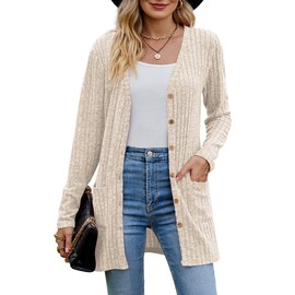 MYCOLORBLUE Old Times Cardigans for Women Elegant Ribbed Cardigan Long Sleeve Button Placket with Pockets Knitted Cardigan, beige