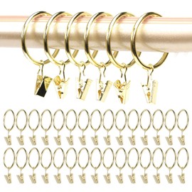 Pack of 30 Curtain Rings with Hooks - Gold Curtain Pole for Clamping, 32 mm Inner Diameter Curtain Rings with Clips, Curtain Rod for Clamping Curtains, Shower Curtains, Washing Lines