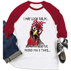 I May Look Calm But in My Head I've Pecked You 3 Times T Shirt Womens Christmas Funny Chicken Graphic Baseball Tops (XXL, Red, xx_l)