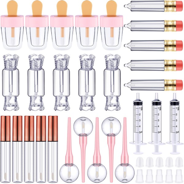 30 Pieces Lip Gloss Tube Tool Set, Include 20 Pencil Ice-cream Lollipop Candy Shaped Empty Lip Gloss Tubes, 5 Clear Lip Balm Containers with Rose Gold Cap and 5 Plastic Syringe for Women Girls DIY