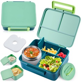 Bento Lunch Box for Kids with 8oz Soup Thermo Leak-Proof Lunch Food Containers with Snack Sauce Container for Kid Girls Boys to School, Green