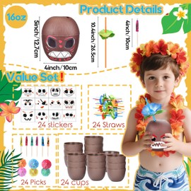 24 Pack Coconut Cups with 24 Straws 24 Cocktail Drink Picks and 24 stickers, DIY Tropical Hawaiian Luau Tiki and Beach Party Decorations for Kids and Adults