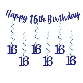 bng-bng 16th Birthday Party Decorations Blue Happy 16th Birthday Bunting Banner Hanging Swirls Streamers for Boys 16 Sixteen Years Old Birthday Anniversary Party Decor Supplies Blue
