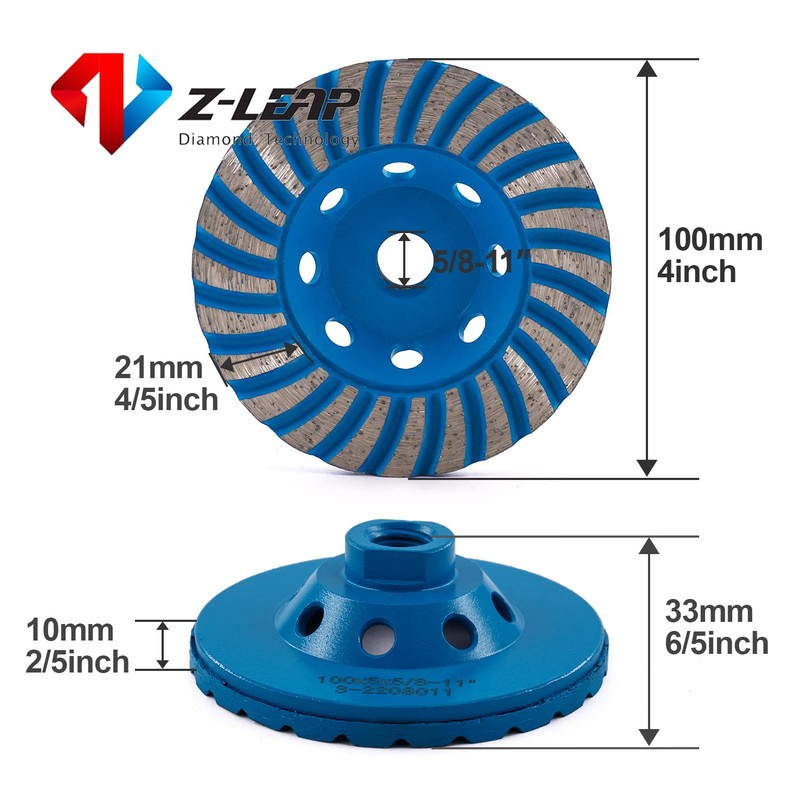 Z-LEAP 4Inch Diamond Cup Grinding Wheel 5/8"-11 Arbor Turbo Row