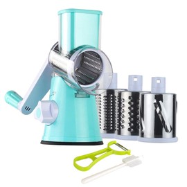Ourokhome Rotary Cheese Grater Hand Crank, Kitchen Shredder Speed Mandolin Slicer Nut Grinder with Handle and Drum Blades for Cheese, Vegetable, Walnut, Chocolate, Potato, Carrot, 3 Blades, Blue