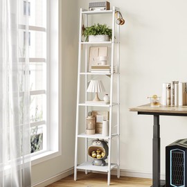 Hzuaneri Ladder Shelf, Bookshelf Bookcase, Freestanding Corner Storage Shelve with 2 Hooks for Home Office, Living Room, Kitchen, Bedroom, Industrial, 6-Tier White BC13313W