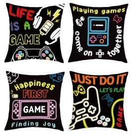 Joymaison Gamer Room Video Game Throw Pillow Covers 45x45 cm Set of 4 Controller Gaming Cushion Covers Home Decor for Teen Boy Bedroom Playroom Couch Chair