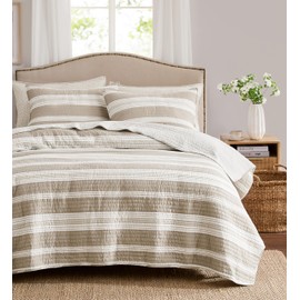 WDCOZY 100% Cotton Quilt King Size, Reversible Beige n White Striped Patchwork Bedding Set with 2 Pillow Shams, Lightweight Farmhouse Chambray Bedspread Shabby Chic Coverlet Thin Comforter All Seasons