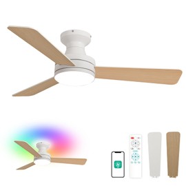 Orison 42-Inch Ceiling Fans with Lights, Low Profile, Flush Mount, Features RGB Backlight, Dimmable Lighting, 6 Speeds, 3 Reversible Blades, Remote and App Control, White