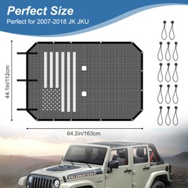 Sun Shade Bikini Top for Jeep Wrangler JK & JKU 4-Door 2007-2018,UV Protection & Heat Shield,Wind & Noise Reduction Black Mesh Cover(US Flag)