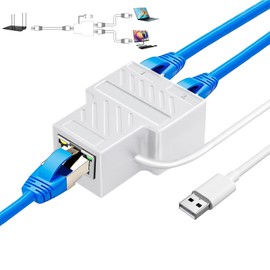 Pushua Ethernet Splitter 1 to 2 White, 100Mbps Ethernet Splitter [2 Devices Simultaneous Networking], Dual RJ45 Splitter Adapter with USB Power Cable, Internet Splitter for Cat5/5e/6/7/8 Cable