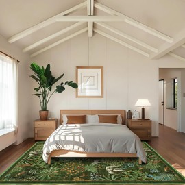 GarveeHome Jungle Washable Rug 9x12 Area Rugs for Living Room Bedroom, Animal Print Rug Non Slip Low Pile Forest Stain Resistance Large Throw Carpet for Dining Room Kids Playroom Nursery, Dark Green